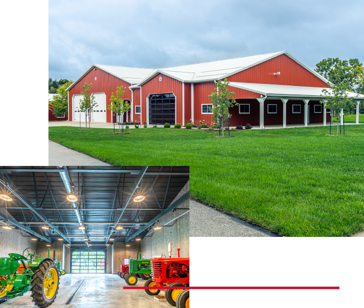 Custom Steel Building for Equipment Storage and Performance | Walters Buildings Custom steel building by Walters Buildings with large overhead doors and interior space for equipment storage